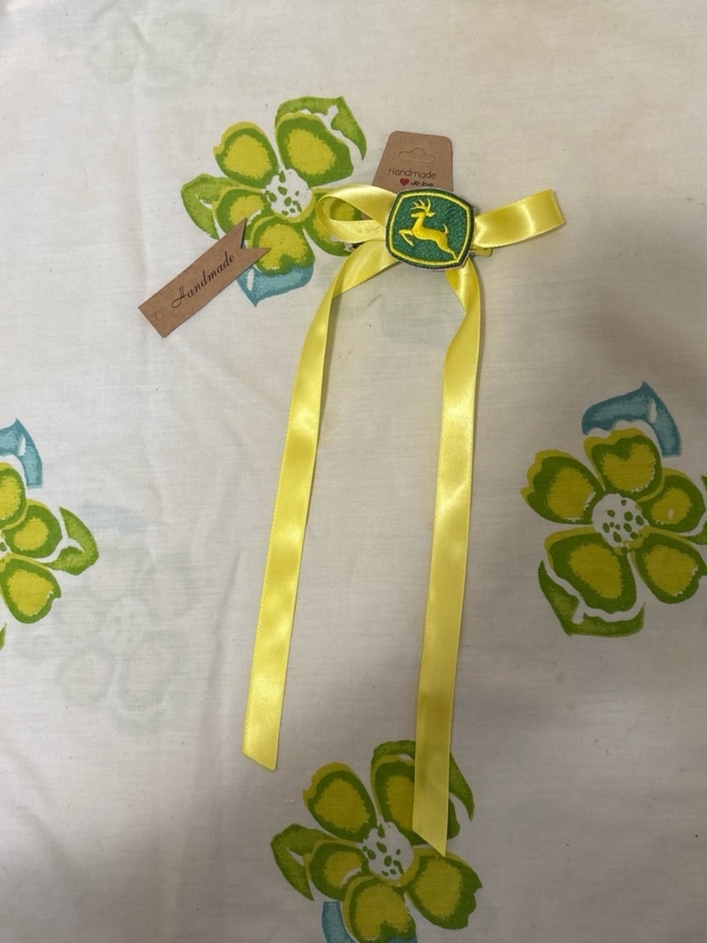 Handmade Yellow Ribbon Hair Bow with Green Patch - Kids Accessories